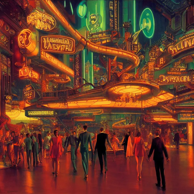 Prompt: scene of disneyland night life with people dressed in futuristic clothes, cyberpunk designs, automations, and faint glows of vivid color, cinematic, highly detailed, intricate, hd quality, realism, from blade runner concept art, renaissance painting, by syd mead and edward hopper