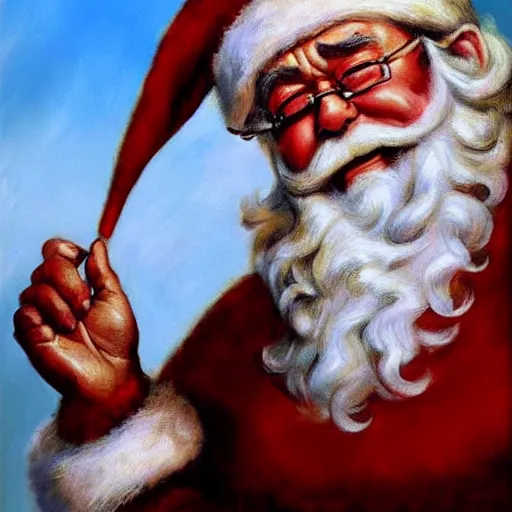 Prompt: an ultra - realistic portrait painting of santa claus in the style of frank frazetta. 4 k. ultra - realistic. highly detailed. dark fantasy. epic lighting.