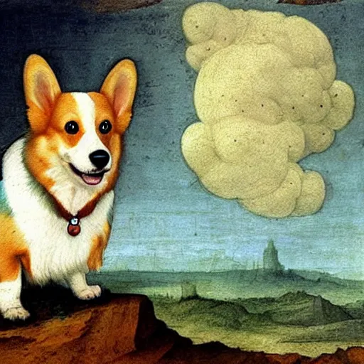 Image similar to corgi dog in cosmos painting, leonardo da vinci style