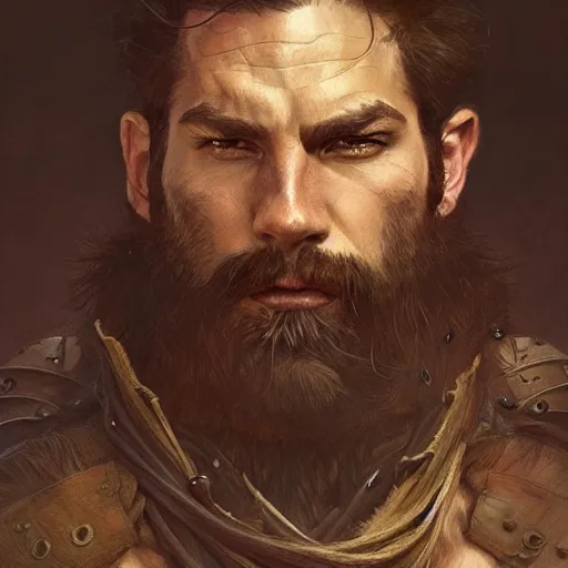 Image similar to portrait of a rugged ranger, muscular, upper body, hairy torso, d & d, fantasy, intricate, elegant, highly detailed, digital painting, artstation, concept art, matte, sharp focus, illustration, art by artgerm and greg rutkowski and alphonse mucha