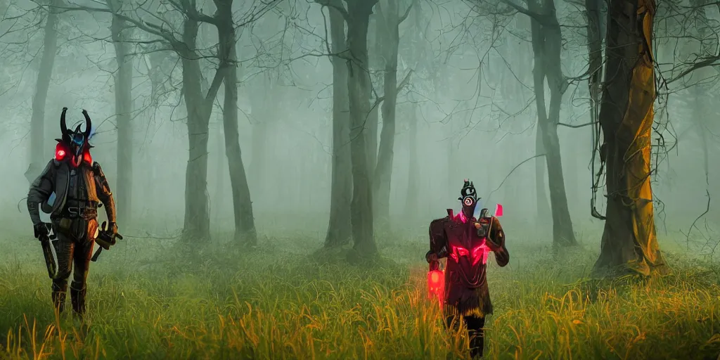 Image similar to a beautifully strange image of a gamekeeper wearing a dieselpunk mechanical fluorescent mystical animal mask and red hoods. walking in the misty swamp. in style of fornite game. award winning. dramatic. trending on artstation. high quality. rendered by beeple, digital art, unreal engine 5, fornite game. octane render