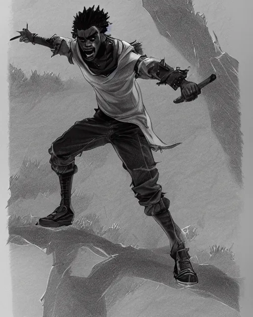 Image similar to a very detailed pencil drawing of kodak black in demon slayer manga panel, action lines, greg rutkowski, in field high resolution, dynamic pose, landscape, medium portrait, action, hyper realistic, manga, koyoharu gotouge, sakuga