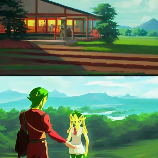 Image similar to Zelda and Link, anime, 4k, art style of Edward Hopper and James Gilleard, new realism,