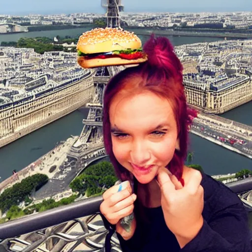 Image similar to a mermaid eating a burger on the top of the Eiffel Tower