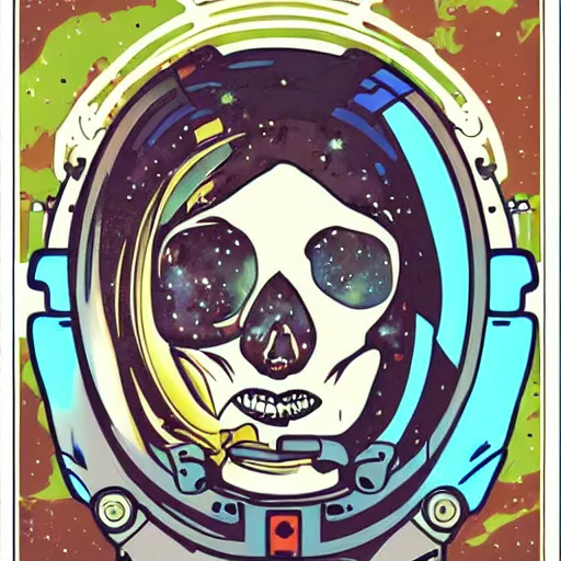 Prompt: astronaut female skull portrait in the style of and Alphonse Mucha and Disney illustration pop art