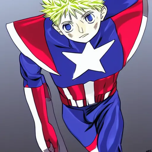 Prompt: killua zoldyck as captain america, anime art, highly detailed