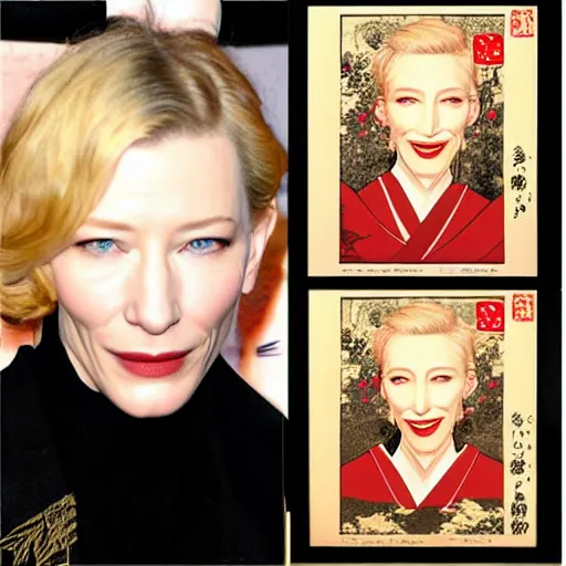 Image similar to cate blanchett in the style of japanese wood print