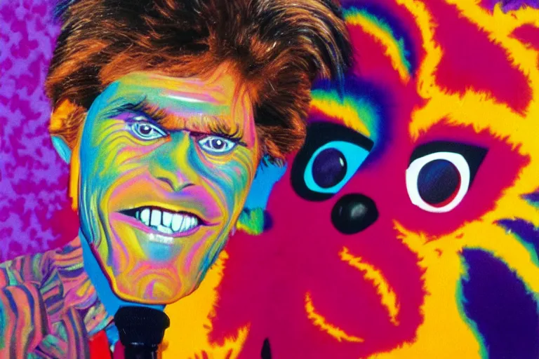 Image similar to lisa frank painting of willem dafoe at showbiz pizza 1 9 8 9