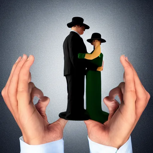 Prompt: A man and a woman working together to hold up an incredibly heavy stone, frustration, heartbreak, surrealism, in the style of René Magritte