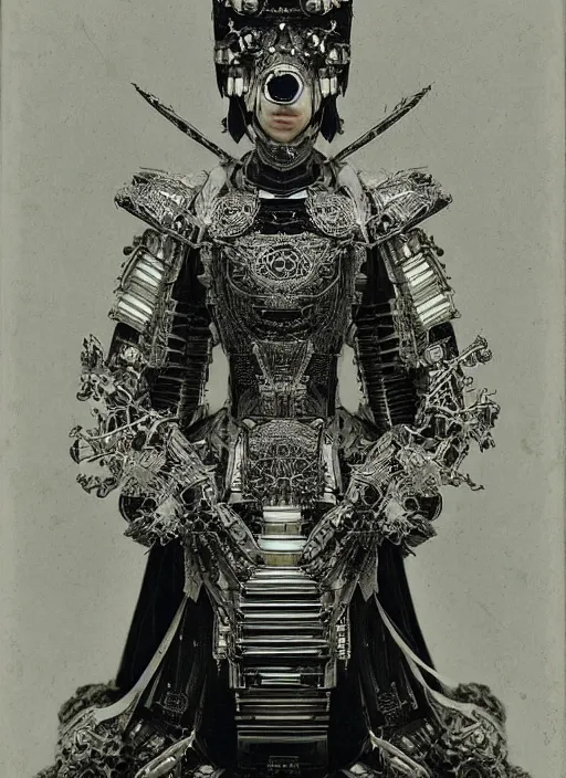 Image similar to old wetplate daguerreotype frame portrait of a futuristic silver armored geisha emperor district 9 cyborg, fractal, intricate, elegant, highly detailed, subsurface scattering, by jheronimus bosch and greg rutkowski and louis jacques mande daguerre