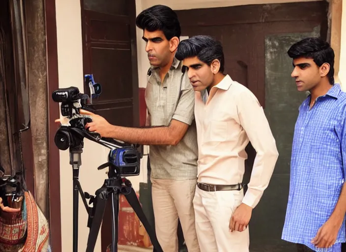 Prompt: detailed photo of rishi sunak filming a male on male scene, cinematic still, film still