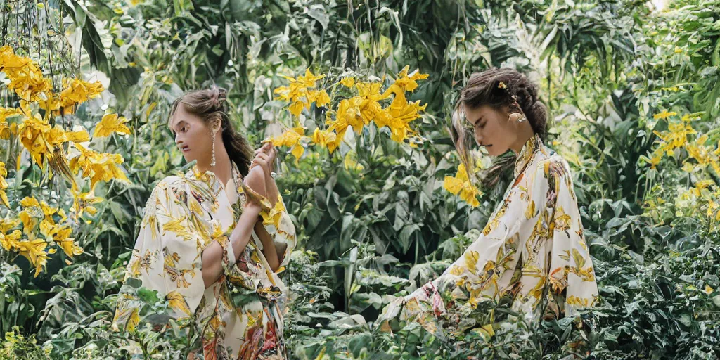 Prompt: film still of an elegant top model wearing a yellow kimono with a very detailed barn owl on her shoulder!!! in a tropical greenhouse. looking at the camera!!. super resolution. 85 mm f1.8 lens.bokeh. graflex. art by Alessio albi and ashley wood and Edmund Blair Leighton and John Singer Sargent! -