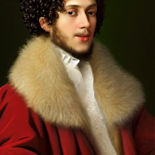 Image similar to young man with curly hair, in rich Russian furcoat, with pearl earring, Russian Empire, cinematic lighting, highly detailed, digital art, Renaissance painting, framed, by Leyendecker, by Rutkowsky,