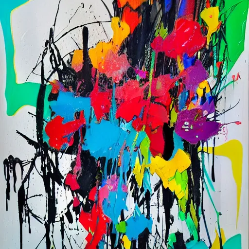 Prompt: abstract expressionist painting, paint drips, acrylic, wildstyle, clear shapes, maximalism, smeared flowers