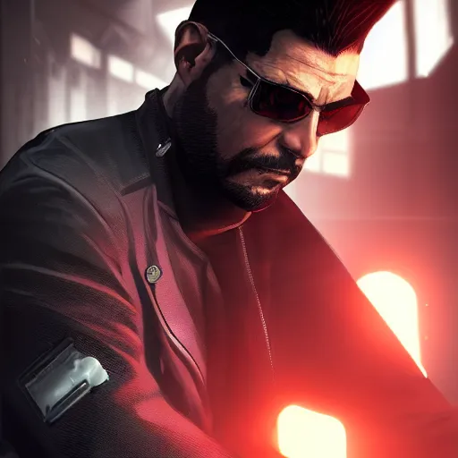 Image similar to Adam Jensen from Deus Ex as a GTA character, by Cedric Peyravernay, highly detailed, excellent composition, cinematic concept art, dramatic lighting, trending on ArtStation