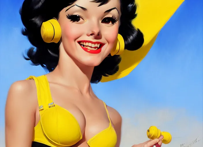 Image similar to the style of the artist gil elvgren, a girl with black hair, overwatch tracer, with a very beautiful symmetrical face, a smile on her face, tanned skin, in a yellow bikini, against the background of a sea beach, in art style, high detail, digital painting, hyperrealism