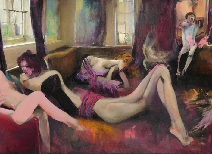 Image similar to realistic lovers collapsed in a the cafe void, curtains, spasms, college girls, couches melting, painted by John Singer Sargant, flesh, stylized by Francis Bacon, Adrian Ghenie, 8k