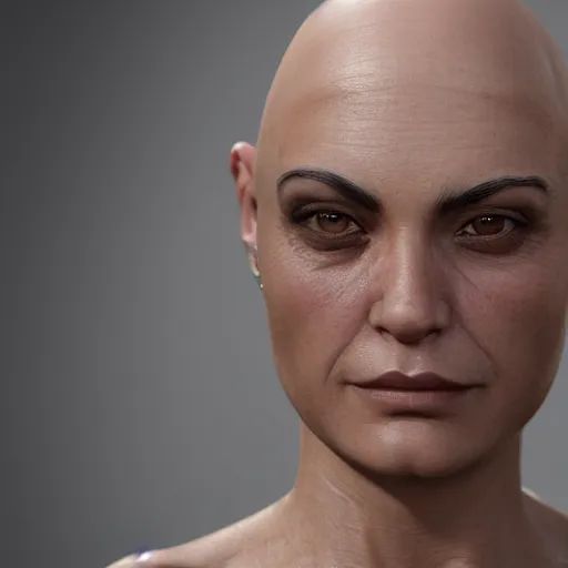 Image similar to a close up of a bald woman with olive skin, a character portrait by Eve Ryder, cgsociety, photorealism, unreal engine 5, unreal engine, prerendered graphics