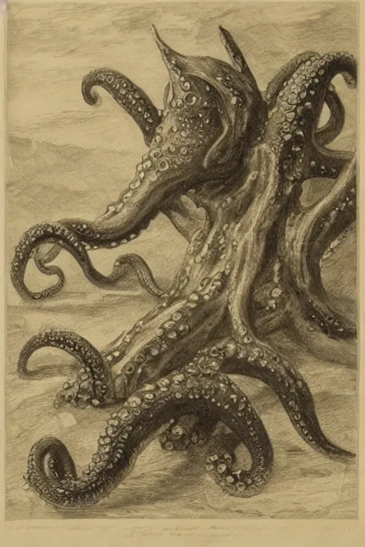 Image similar to a concpet of a giant octopus walking on terrain, some wood buildings on his body, by Even Amundsen, pencil