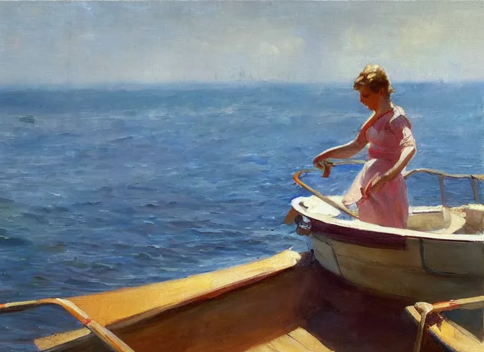 Image similar to painting of a person in a boat on the water, an oil painting by gregory manchess, deviantart, figurative art, oil on canvas, impressionism, painterly