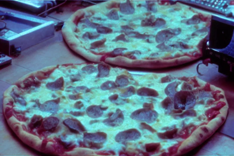 Image similar to stuffed crust pizza in cyberspace, in 1 9 8 5, y 2 k cybercore, industrial low - light photography, still from a ridley scott movie