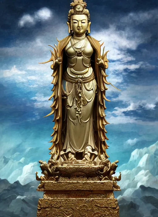 Image similar to guanyin stand on big loutus, a godness of the southern seas, a realistic setting with muted colors, visual novel cover, by yoshitaka amano, zeng fanzhi, jane hamilton, tiffany studios, sunrays shine uponit, frostbite 3 engine, cryengine, dof, trending on artstation, digital art, fantasy detailed background