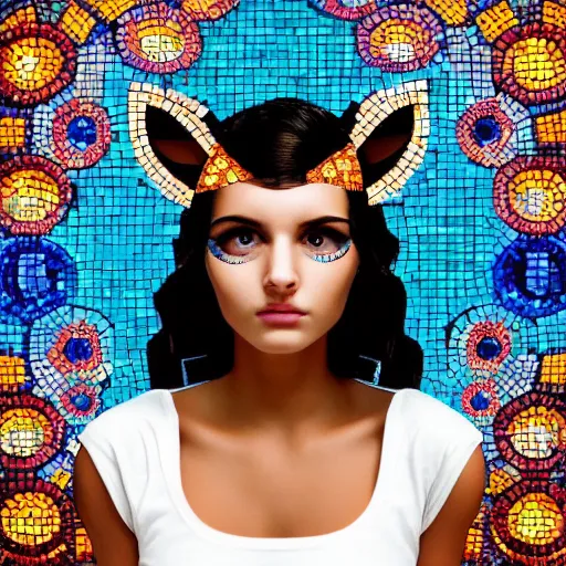 Image similar to portrait mosaic of a beautiful cute girl with robot ears and eyes, 4k, intricate details