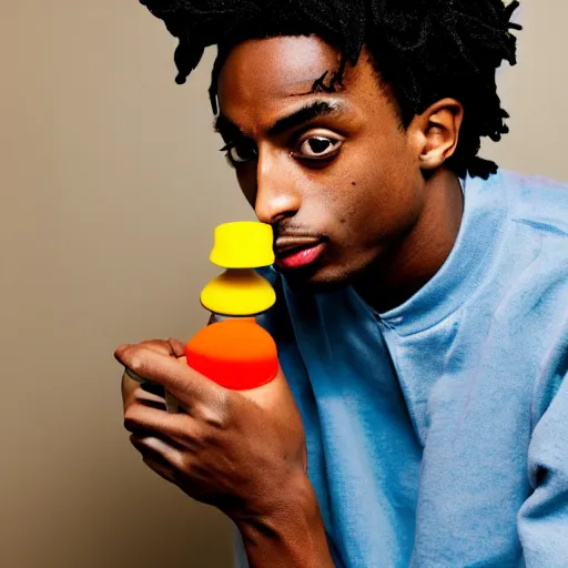 Image similar to playboi carti playing with playdoh, intensely focused