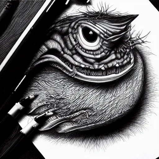 Image similar to surreal creatures drawn in ballpoint pen shading by Ronny Khalil