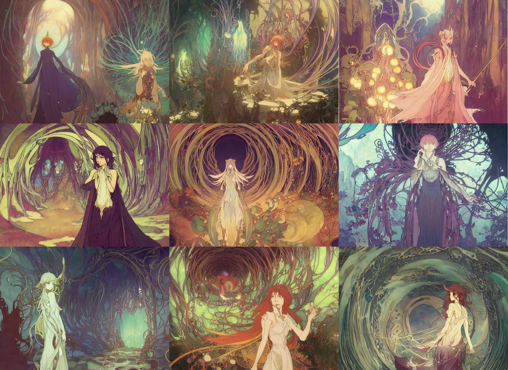 Prompt: the lair of the goblin sorceress swirls with magical energy, flowing into her as she channels her spell to open a dimensional gateway to the realm of pastry. mucha, akihito yoshida, makoto shinkai