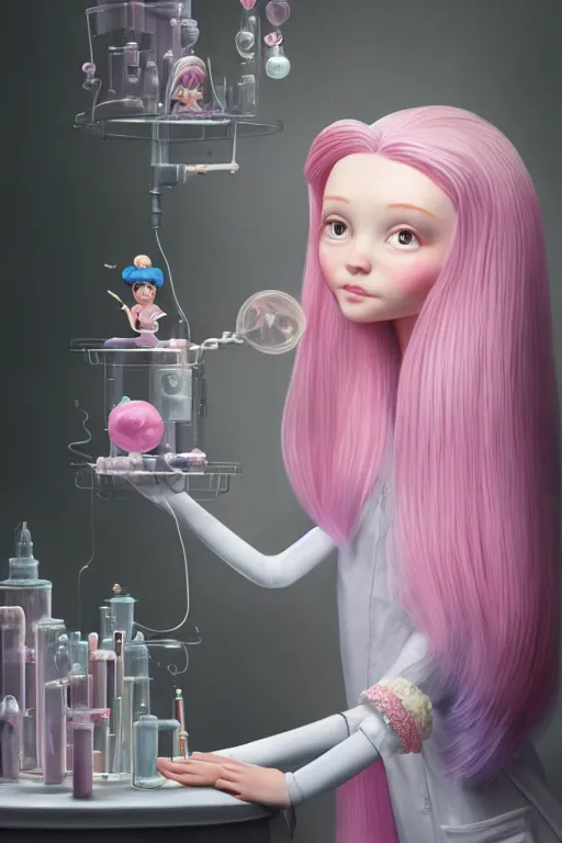 Prompt: highly detailed closeup, face profile portrait of princess bubblegum experimenting in her lab, wearing lab coat and tiara, bubblegum hair, depth of field, illustration, concept art by nicoletta ceccoli, mark ryden, lostfish, detailed and intricate environment, 8 k resolution, hyperrealistic, octane render