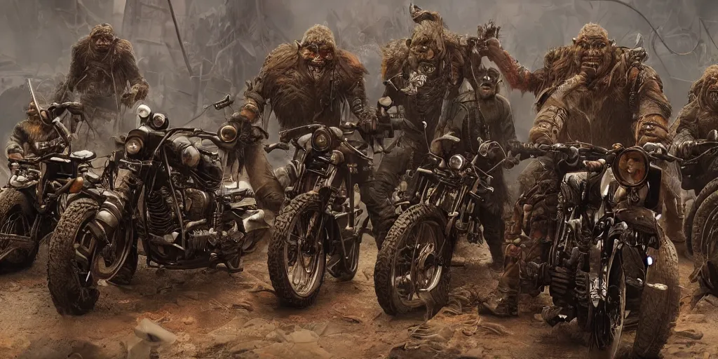 Image similar to incredibly detailed cinematic shot of a psychedelic post apocalyptic orcish biker gang, artstation, cgsociety