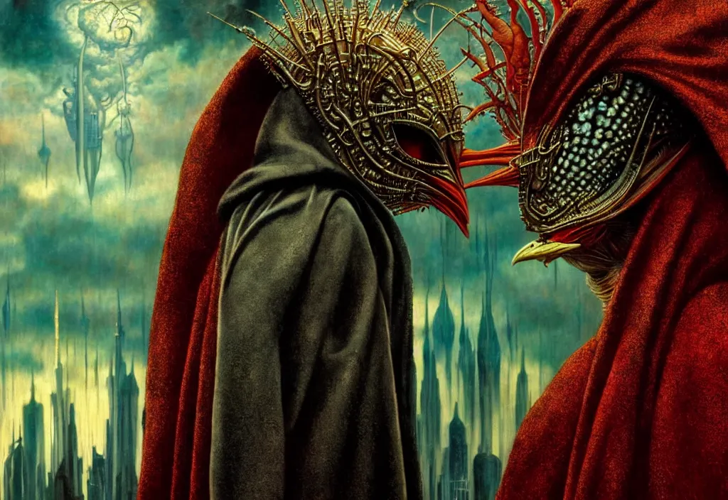 Image similar to realistic detailed portrait movie still of a birdman wearing dark robes, sci fi city landscape background by denis villeneuve, amano, yves tanguy, alphonse mucha, ernst haeckel, max ernst, ridley scott, roger dean, masterpiece, rich moody colours, cinematic, snarling dog teeth