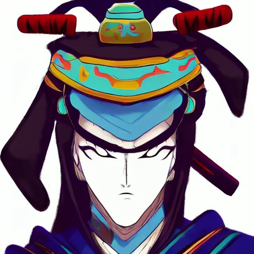 Image similar to it's an anime style of samurai from some japanese anime, i think. the style is very bold - strongly - defined solid colors, rather than shades of shading.