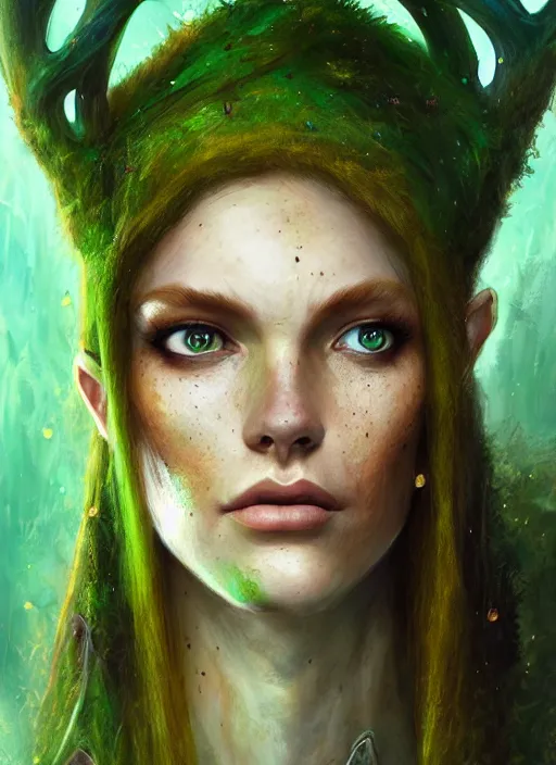 Image similar to female druid, perfect face, thin antlers, green tunic, ginger hair, cinematic, freckles, stunning, muscular, abs, highly detailed, psychedelic, digital painting, artstation, smooth, hard focus, illustration, art by jessica rossier and and brian froud