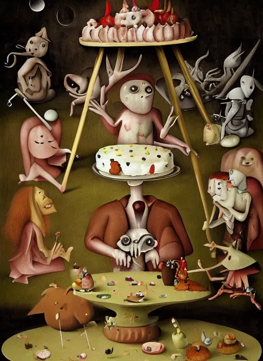 Image similar to fnafs eating cakes painted by hieronymous bosch, detailed digital art, trending on Artstation