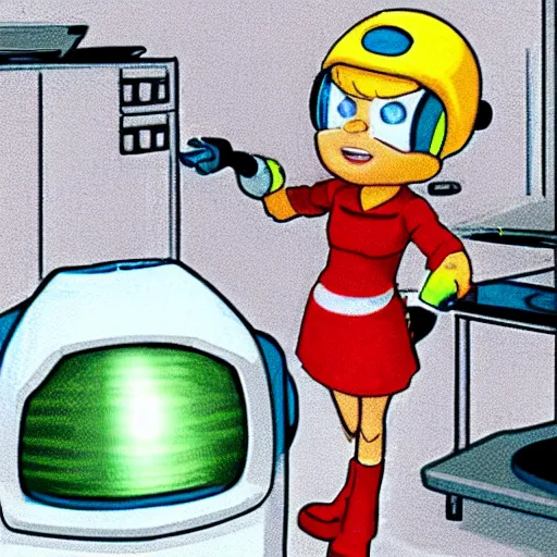 Image similar to pixar - style rendering of : roll is repairing computers in dr. light's laboratory. roll is a cute female ball - jointed robot ( in the style of mega man ) who has blonde hair with bangs and a ponytail tied with a green ribbon. she is wearing a red one - piece dress with a white collar, and red boots.