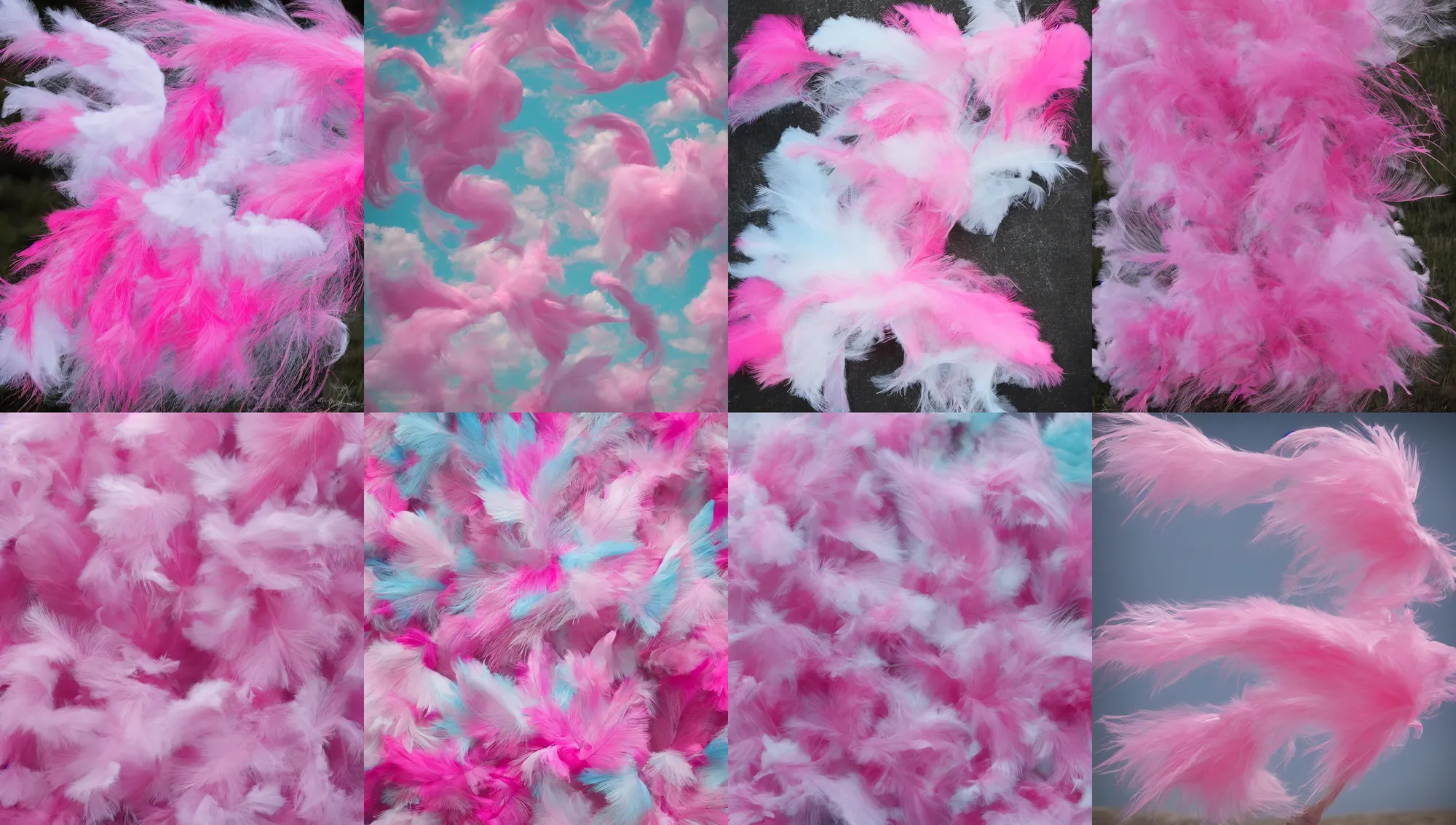 Prompt: pink, feathers, cotton candy, windy, wisps, wlop