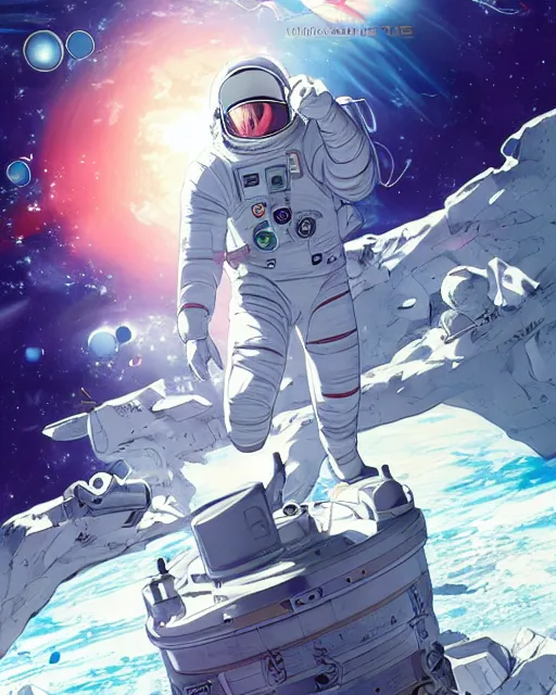 Image similar to astronaut floating in space, cybernetic enhancements, art by makoto shinkai and alan bean, yukito kishiro