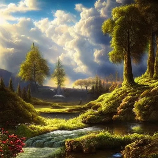 Image similar to a royal landscape, sumptuous, outstanding beauty, hills trees, stream, clouds, birds, sun rays, dramatic, ecstatic, surrealism