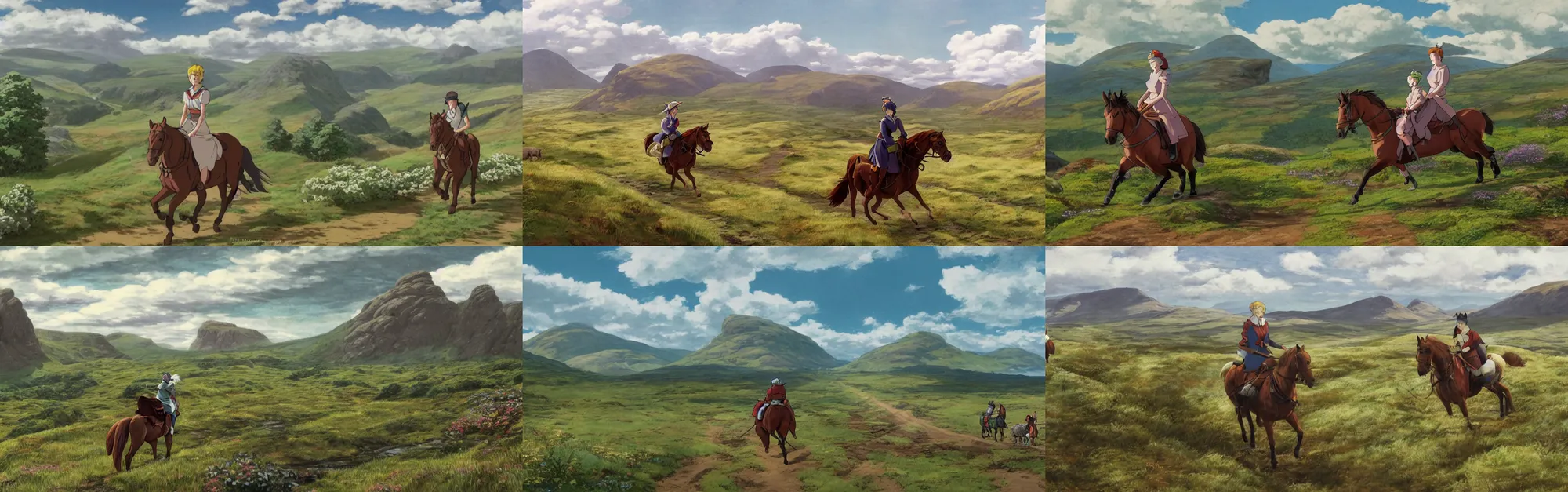 Prompt: Queen Elizabeth riding a horse across the glens of Scotland toward a Land Rover in the distance Anime, Studio Ghibli, high detail