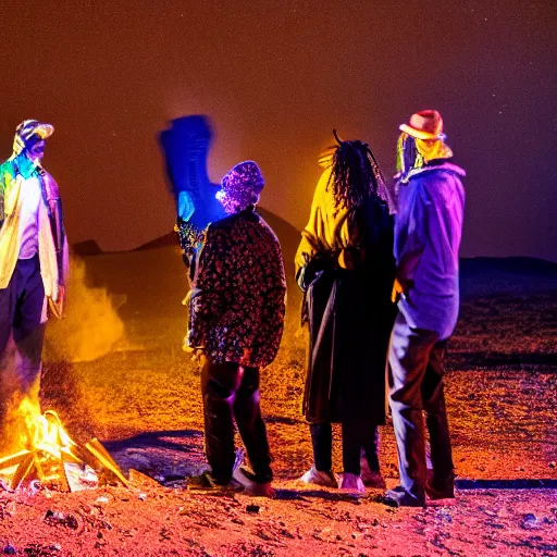 Image similar to photograph of three ravers, two men, one woman, woman is in a trenchcoat, blessing the soil at night, seen from behind, talking around a fire, two aboriginal elders, dancefloor kismet, diverse costumes, clean composition, desert transition area, bonfire, starry night, australian desert, xf iq 4, symmetry, sony a 7 r