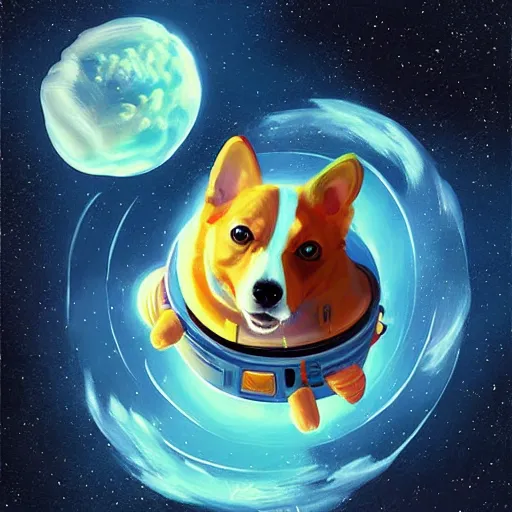 Prompt: corgi astronaut floating in space, beautiful digital painting by simon stalenhag