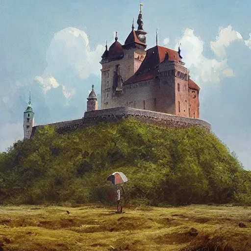 Image similar to greg rutkowski painting of an island floating in the air above a barren wasteland, there is no connection between the island and the ground, on the island there is a cracow wawel castle and a lot of green vegetation, beautiful, detailed