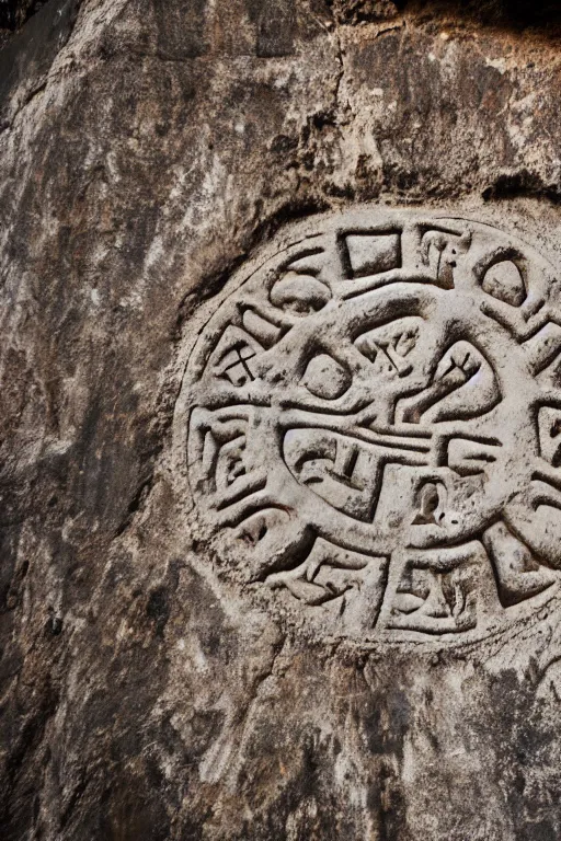 Image similar to 4 k photography of petroglyphs representing crosses, ufo, yin yang symbol on a cave