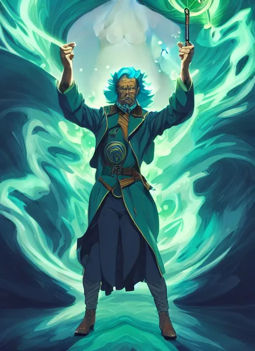 Image similar to style artgerm, joshua middleton, clint eastwood as a mage wearing green pelt robes, blue hair, swirling water cosmos, fantasy, dnd, cinematic lighting