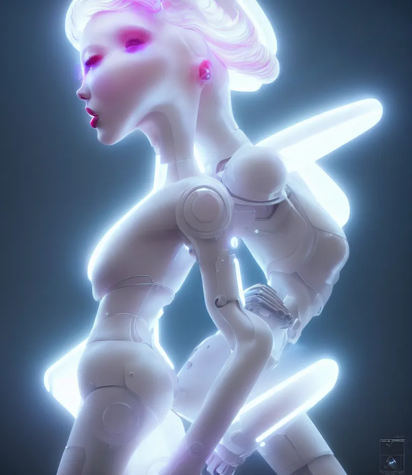 Prompt: beautiful fantasy woman android with bright lipstick wearing glowing white dress with white fur, seductive pose, futuristic, ultra realistic, dramatic lighting, robots, highly detailed by peter mohrbacher, hajime sorayama, wayne barlowe, boris vallejo, aaron horkey, gaston bussiere, craig mullins, octane render, cycles render, vray, iridescent