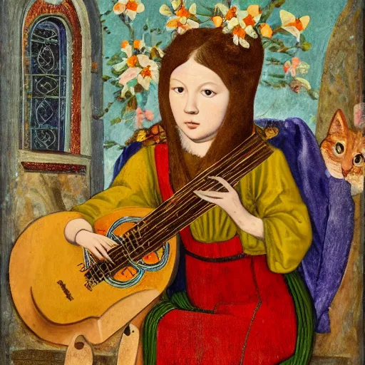 Image similar to cat with lute, flowers in the background, medieval portrait, colorful, medium shot