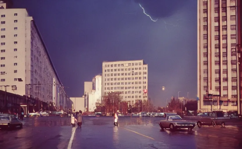 Image similar to 70s movie still of a sovietic street with pedestrians with soviet highrise in the backround , Cinestill 800t 18mm ektachrome color, heavy grainy picture, very detailed, high quality, 4k panoramic, HD criterion, dramatic lightning, streetlight at night, rain, gigantic marx portraits on the walls
