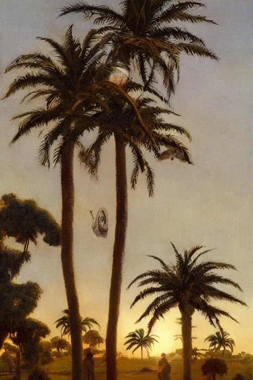 Prompt: Grey Alien, golden hour, next to a dairy farm, palm trees, artstation, by J. C. Leyendecker and Peter Paul Rubens, - 12p